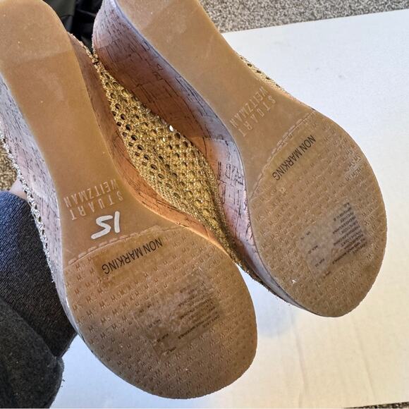 Stuart Weitzman Gold Mesh Cork Wedge Heels Girls Size 2 Kids Dressy Summer - Picture 9 of 11